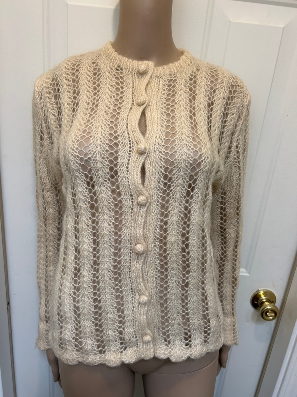 Vintage 60s Cream Open-Knit Button Front Sweater Cardigan